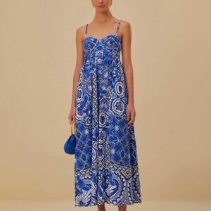 NWT: Farm Rio Blue Tile dream Sleeveless Maxi Dress Sz L NWT